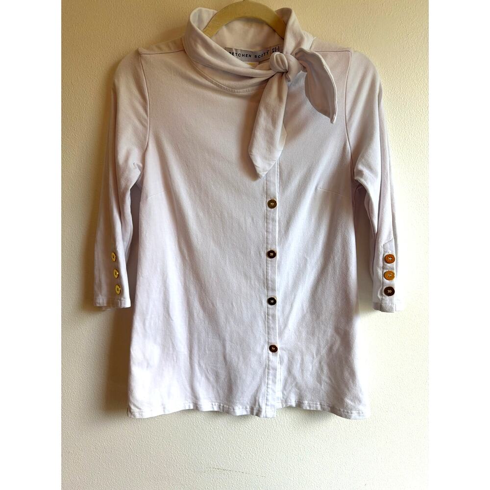 Gretchen Scott White Tie-Neck 3/4 Sleeve Gold-Button Down Top Size XS
